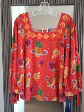 Farm Rio Bindi Red Planetary Cosmic Fruit Embroidered Blouse ** Size Small